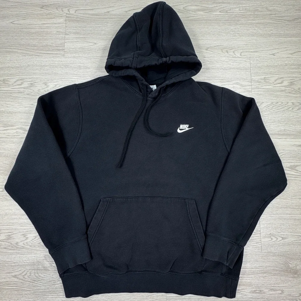 Nike Mens Hoodie Club Fleece Pullover Black‎ Large Embroidered Logo
